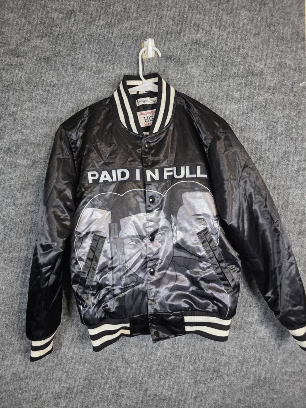 Headgear Classics Jacket Mens XS Black Paid In Full 2002 Satin Varsity Bomber